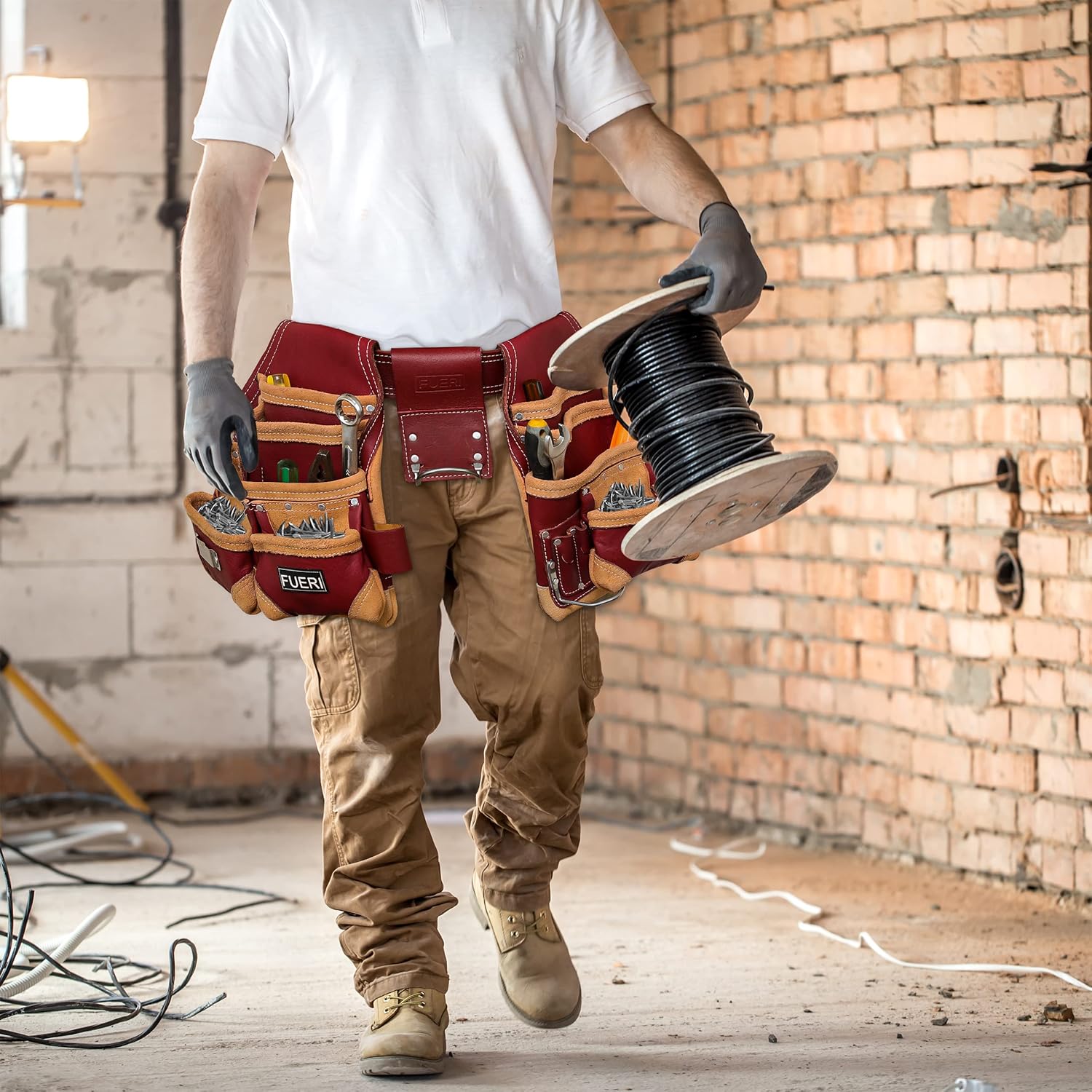 FUERI Leather Tool Belt Bag Men Pouch Heavy Duty Tools Pouches Organizer for Carpenter Construction Electrician Belts Bags Holder (16 Pocket Maroon, Adjustable)