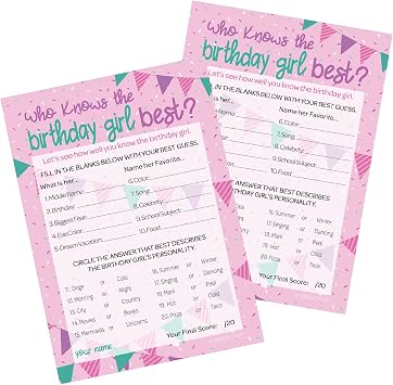 DISTINCTIVS Who Knows the Birthday Girl Best Game, 10 Count - Sleepover Games, How Well Do You Know the Birthday Girl