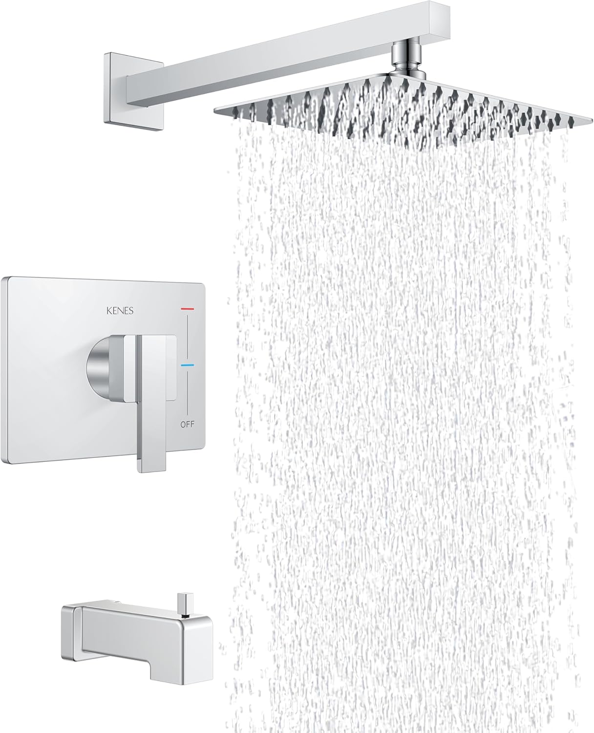 KENES Polished Chrome Tub and Shower Trim Kit, Tub Shower Faucet Set Complete with 10-Inch Rainfall Shower Head and Tub Spout, KE-6024A-5 (Shower Valve Included) Tub & Shower Faucet Chrome