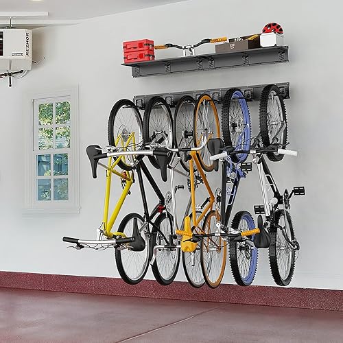 Miniatura 2 de TORACK Estante de almacenamiento para bicicletas con estante, 6 ganchos para bicicletas para cochera y cobertizo para el hogar, ahorro de espacio,