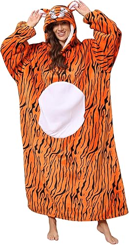 Miniatura 2 de Moinlizy Manta para adultos, de gran tamaño, de franela suave y cálida, acogedora manta con capucha, Tigre