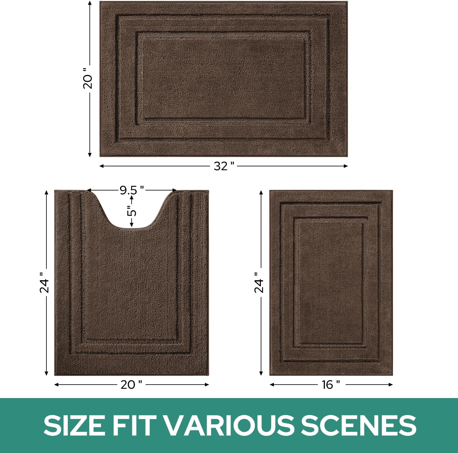 HOMEIDEAS Bathroom Rugs Sets 3 Piece, Super Soft and Absorbent Non Slip Microfiber Toilet Bath Mat with U-Shaped (Brown)