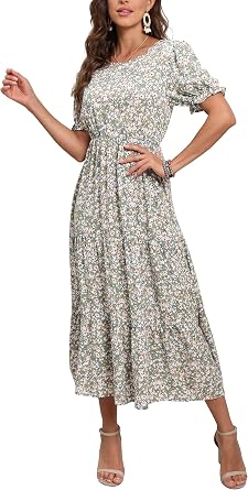 GRECERELLE Womens Spring Summer Casual Loose Round Neck Boho Dress Ruffle Puff Sleeve High Waist Midi Dress