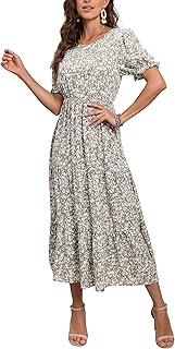 Women's 2025 Spring Summer Casual Loose Round Neck Boho Dress Ruffle Puff Sleeve High Waist Midi Dress