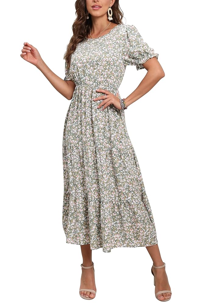 GRECERELLE Women Dress, Summer Casual Loose Round Neck Boho, Floral Print  Ruffle Puff Sleeve, High Waist Midi Beach Dress at Amazon Women's Clothing  store