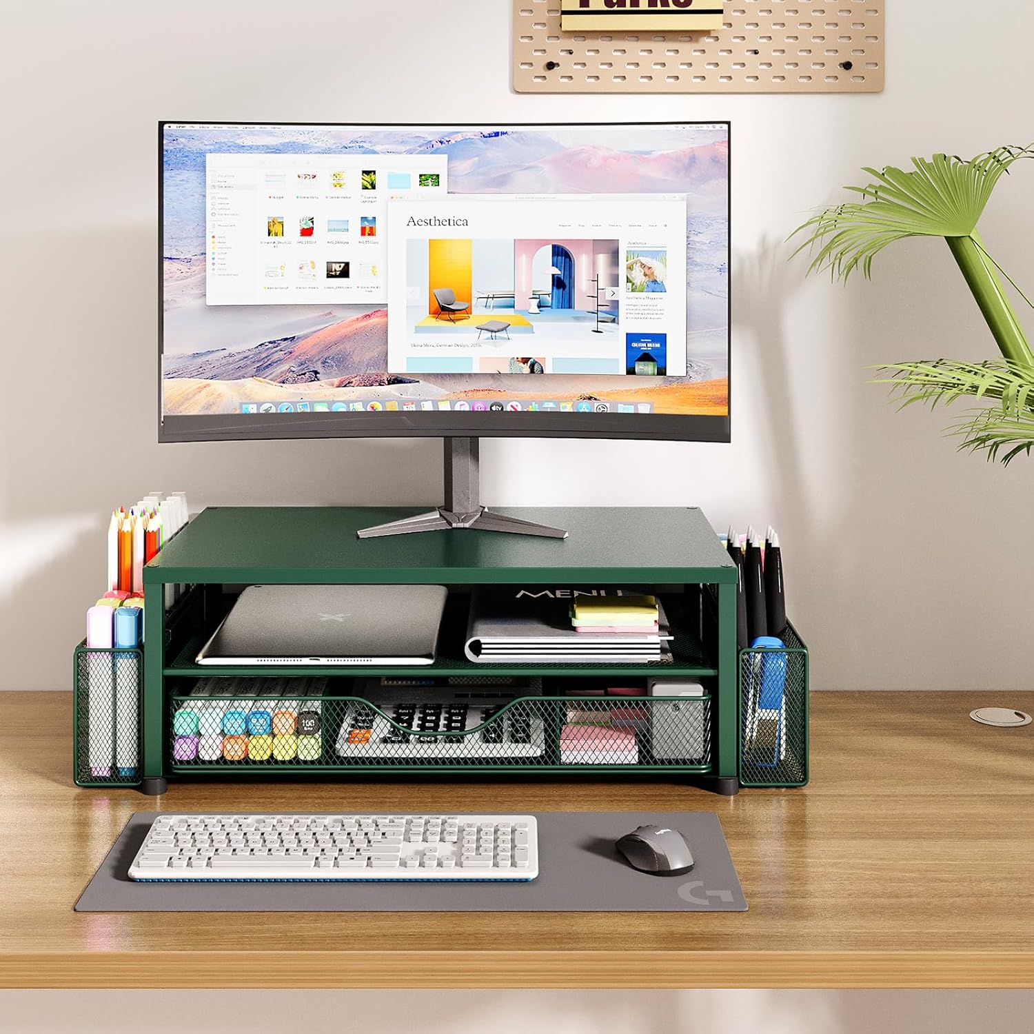 OPNICE Desk Organizers and Accessories, 2-Tier Computer Monitor Stand Riser with Drawer and 2 Pen Holders, Laptop Stand, Office Desk Accessories for Office Supplies, Dark Green