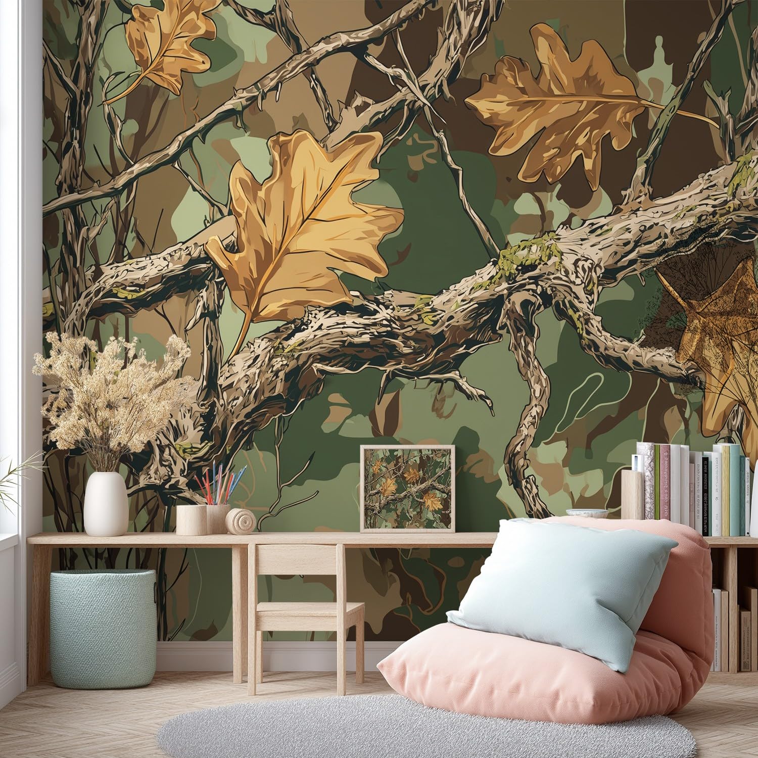 Tapeta 3D retro roślina 274 x 254 cm, mural ścienny, liście dębu, kamuflaż, tapeta do sypialni, przedszkola, malowniczego ogrodu, wisząca