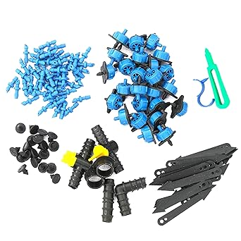 Quills Drip Irrigation kit Accessories- 4mm Pin Connectors/Dripper(Emitters)/Arrow stakes & pack of Fittings 16mm(Elbow,Straight & T Connectors,Tap joiner,Endcap) for Watering Plants Home Garden