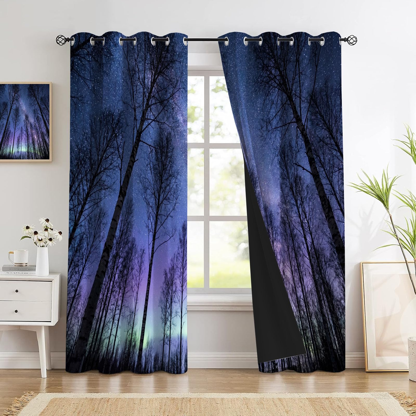 Cortinas Opacas Salon La Naturaleza El Cielo Estrellado,Cortina Bosque Invernal para Dormitorio Decoracion Habitacion,Cortinas Termicas Blackout 140×245cm 2 Paneles,Azul