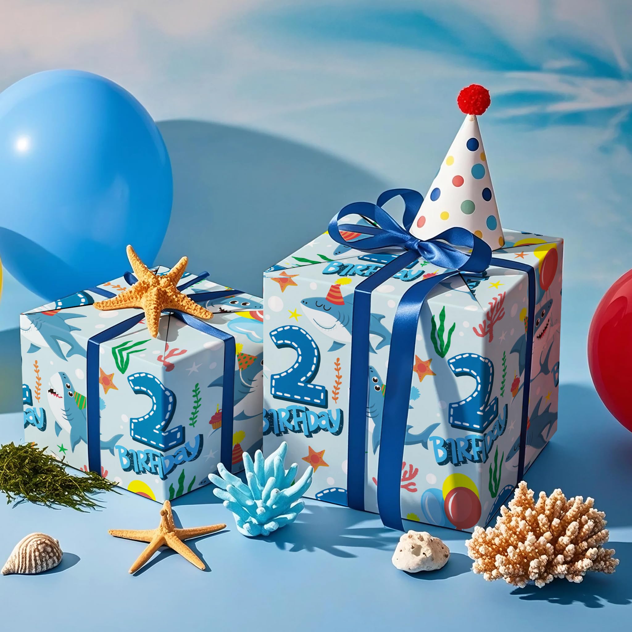 WRAPAHOLIC Rollo de papel de regalo de segundo cumpleaños – Mini rollo – 17 pulgadas x 16.5 pies – Papel de regalo colorido de tiburón océano perfecto para cumpleaños de niños, baby shower