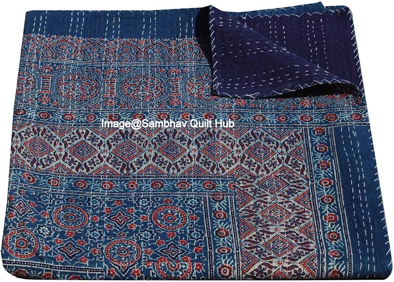 Kantha Ajarkh Hippie Handmade Queen Size Kantha Bedspread Ajrakh Reversible Hand Stitched Cotton Kantha Quilts Bohemian Floral Kantha Twin/Queen (60X90 inch)