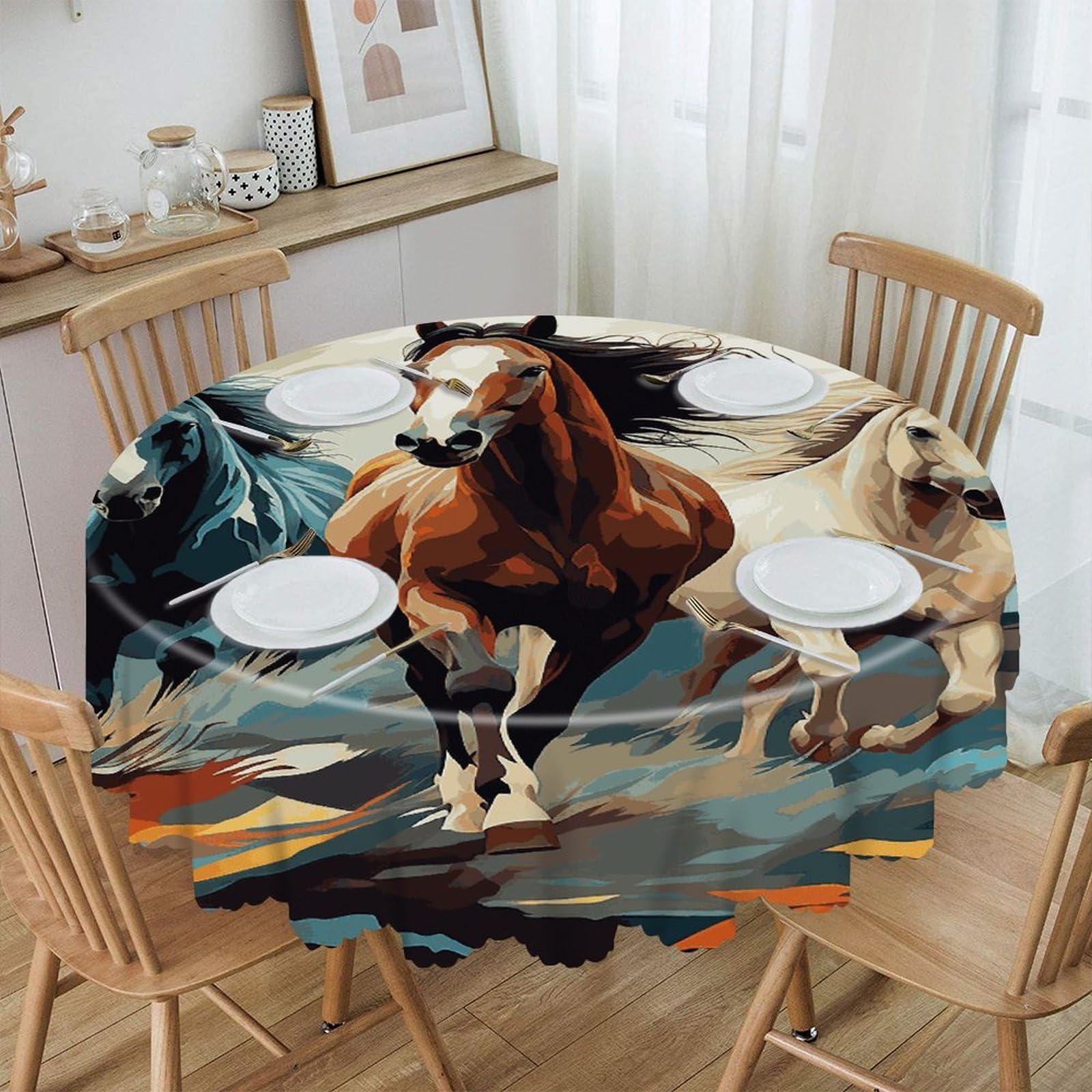 VstaDank A Pattern with Horses As A Background Round Tablecloth 60 Inch Easy to Clean Circle Table Cover Thick Decorative Round Polyester Table Cloth for Dining Kitchen Party Farmhouse Outdoor
