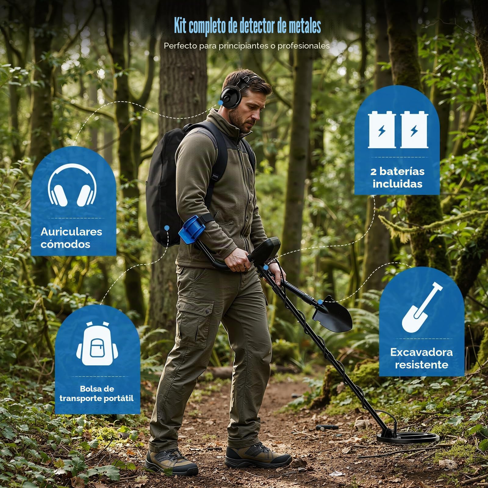 Detector de Metales Profesional para Adultos y Niños, Impermeable para Oro con Modos Pinpoint y Terreno, Emparejamiento Rápido, 5 Modos, Alta Precisión, Ligero y Fácil de Usar