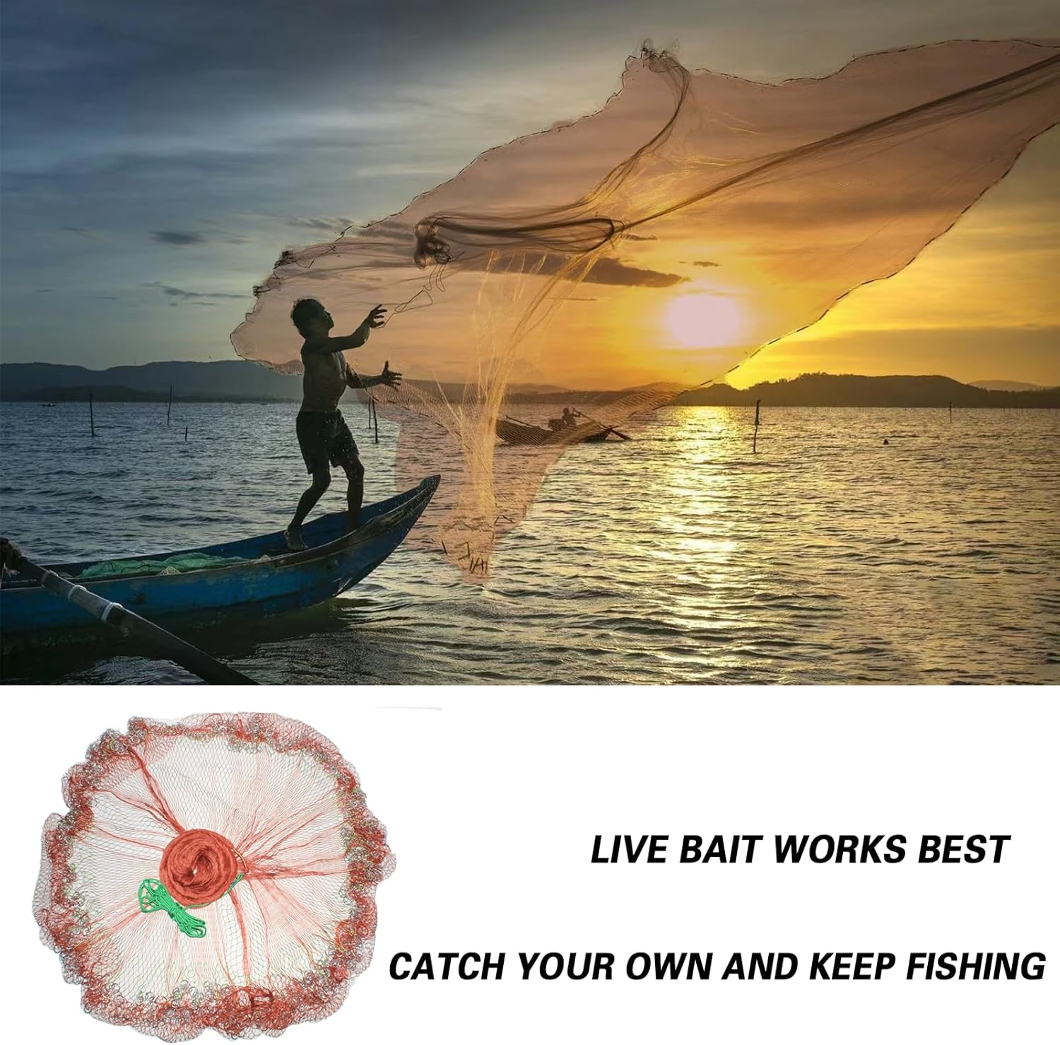Nylon Monofilament Cast Net, 4FT/6FT/7FT/8FT/9FT/10FT/12FT American Style Hand Throwing Fishing Net with Iron Chain Weights for Saltwater and Freshwater