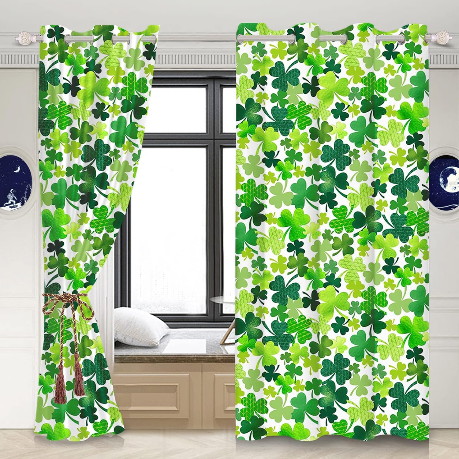 Yeele 21x45inches Shamrock Pattern Thermal Insulated Printed Curtain Irish St Patrick's Day Lucky Clovers Window Curtains for Bedroom Living Room Blackout Curtains with Grommets 2 Panel Set,Green