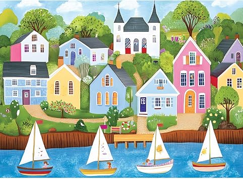 Coastal Village 300 Piece Jigsaw Puzzle for Adults, Vibrant Sailboats | Colorful coastal village design with vibrant sailboats, 20.5x15 in, ideal home decor gift for adults, kids, and seniors