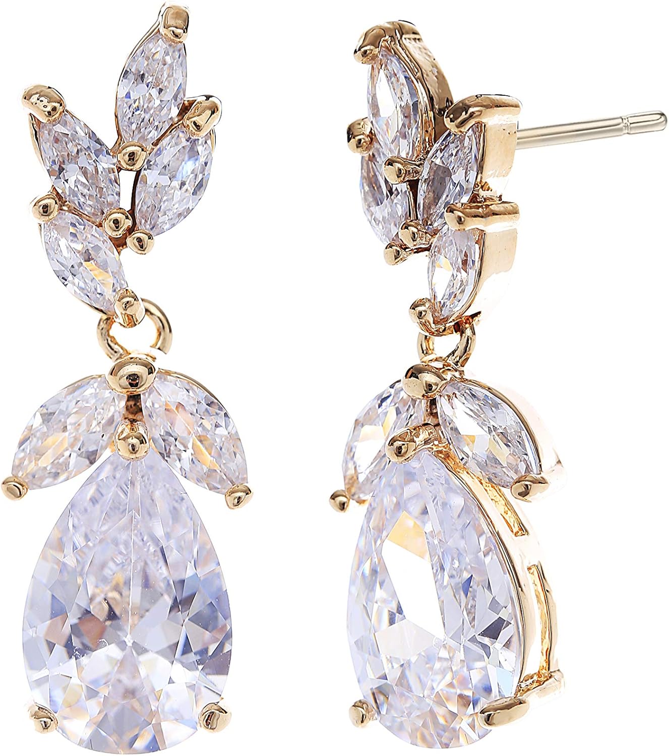 CZ Bridal Earrings for Wedding Women’s Elegant Teardrop Cubic Zirconia Cluster Floral Leaf Crystal Rhinestone Dangle Drop Earring for Bride Bridesmaids Mother of Bride Party Prom Earrings for Girls