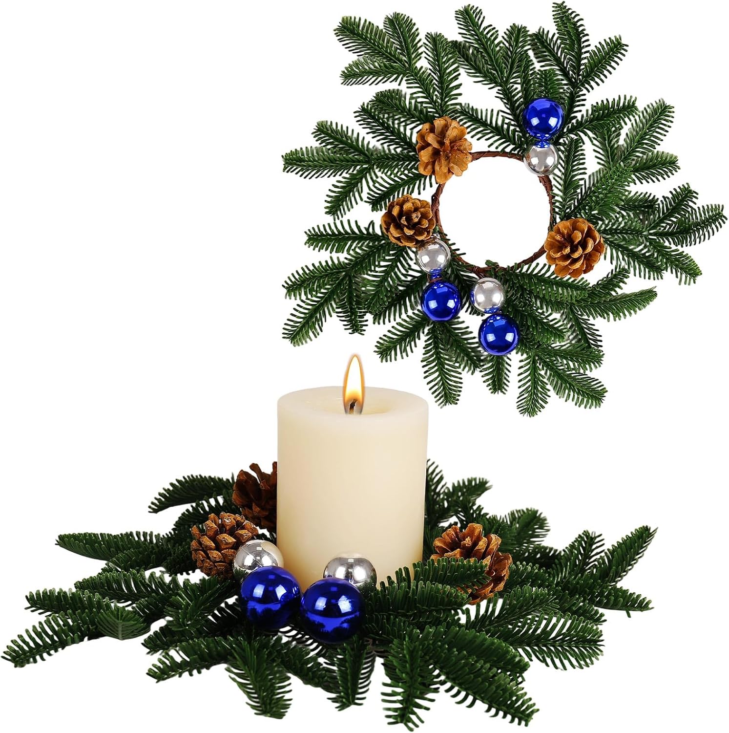 2 Pack Christmas Candle Rings, 3.5″ Festive Pine & Berry Holiday Wreaths for Table Decor, DIY Christmas Centerpiece for Fireplace, Candles, and Seasonal Home Decorations (Pine needle04)