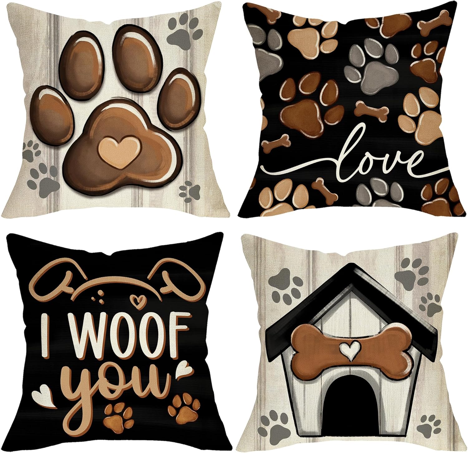 Dog Paw Print Home Decorative Throw Pillow Covers 18 x 18 Set of 4, Black Dog House I Woof You Porch Outdoor Home Decor, Bone Farmhouse Rustic Couch Cushion Case Pet Lover Gifts