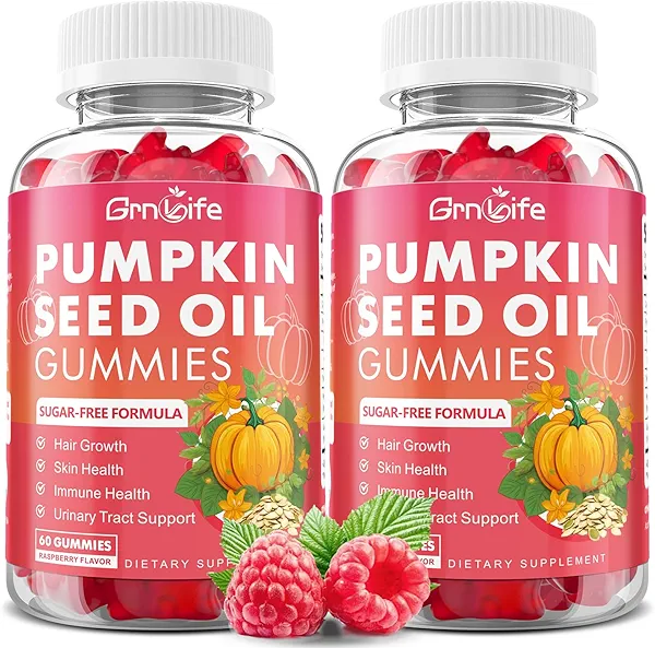 2 Pack Pumpkin Seed Oil Gummies with Saw Palmetto, Organic Pumpkin Seed Oil Supplement for Hair Growth & Skin Health, High Pure Extract for Women Men, Raspberry Flavor, 120 Count