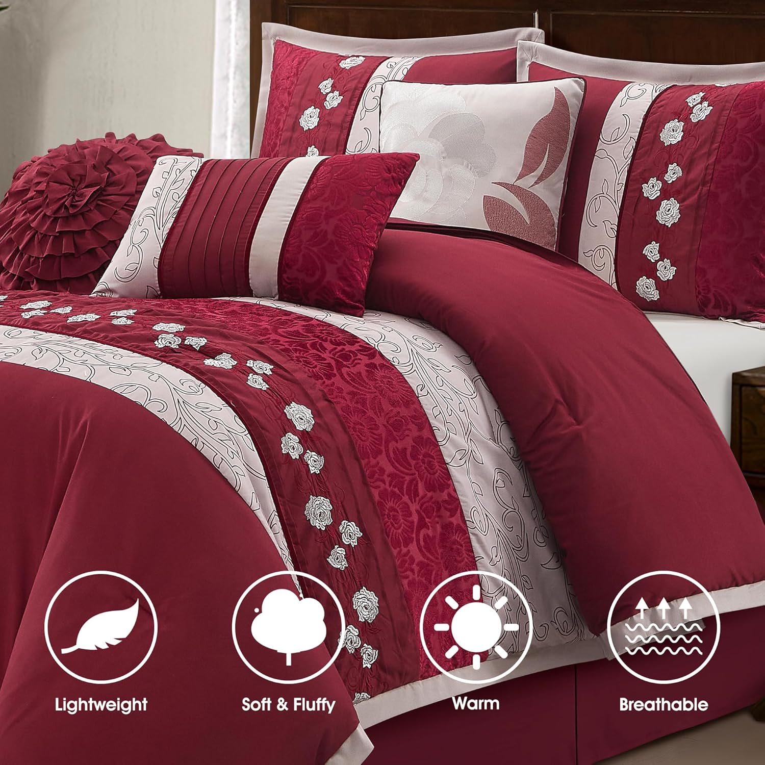 Wine Comforter Set California King Size, 7 Piece Bedding Set for All Seasons, Elegant Microfiber Embroidery Floral, Bedskirt, Shams and Decor Pillows