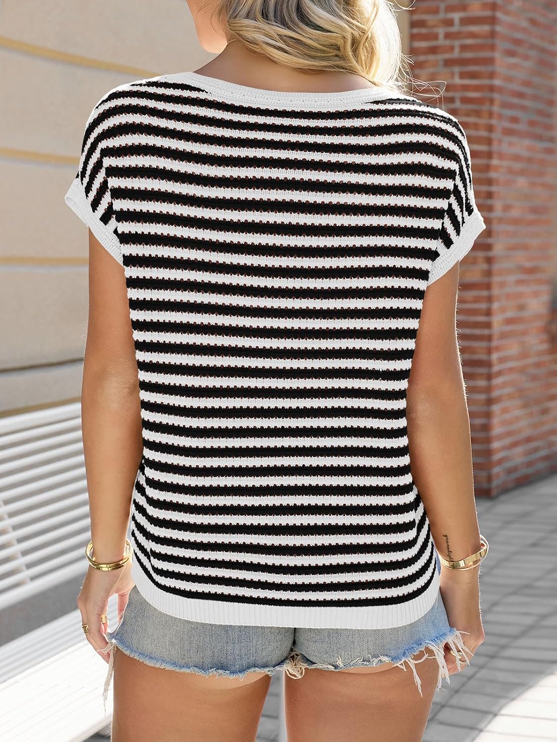 Saodimallsu Womens Short Sleeve Sweater Summer Striped Crochet Tops Casual Cap Sleeve Crewneck Knit Sweater Vest T-Shirts