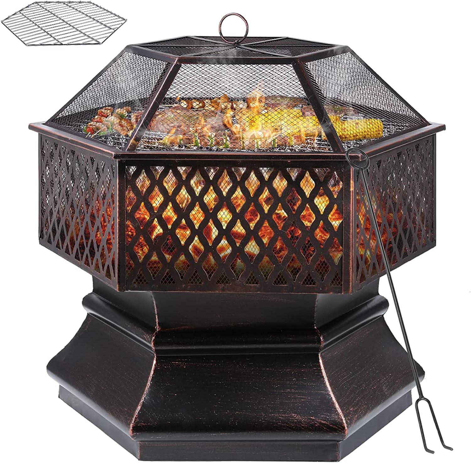 TLSUNNY Feuerschale mit Funkenschutz,Feuerschalen für den Garten, Feuerkorb mit Grillrost,Feuerstelle Outdoor mit Schürhaken Kohlerost,Feuertonne für Terrasse,Camping,Heizung/BBQ