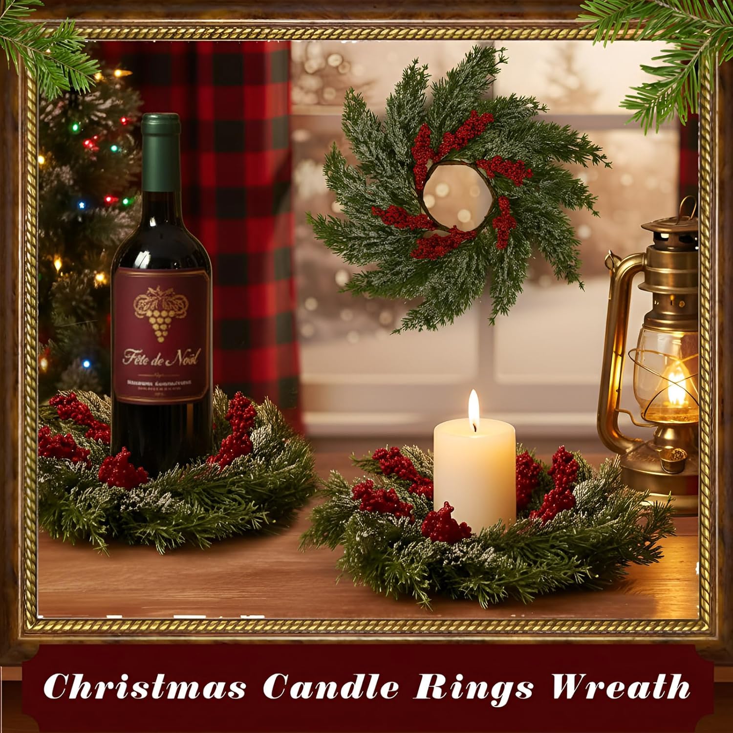 Cinnvoice 8 Pcs Christmas Candle Rings Wreath Artificial Garland with Red Berry Mini Christmas Candle Wreath for Table Centerpiece Home Kitchen Cabinet Windows Front Door Decor (Cypress)