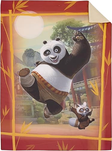 Miniatura 2 de NoJo DreamWorks Kung Fu Panda Dragon Warrior - Juego de ropa de cama infantil de 4 piezas con edredón y amigos, color rojo y dorado, sábana bajera