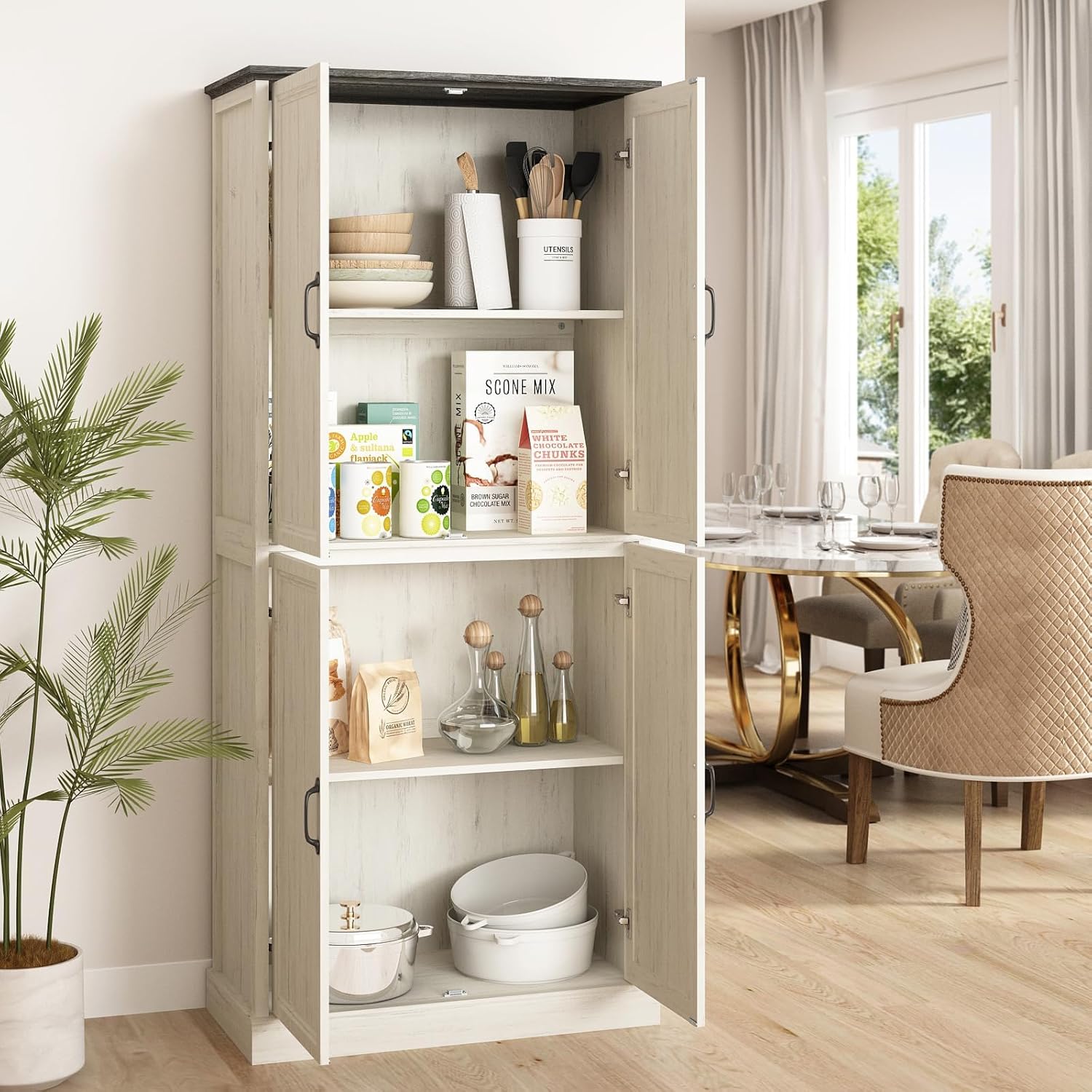 71'' Tall Pantry Cabinet Set of 2, Farmhouse Kitchen Pantry Storage Cabinet with Barn Door and Adjustable Shelves, Rustic White Wood Freestanding Cupboard for Kitchen, Dining Room