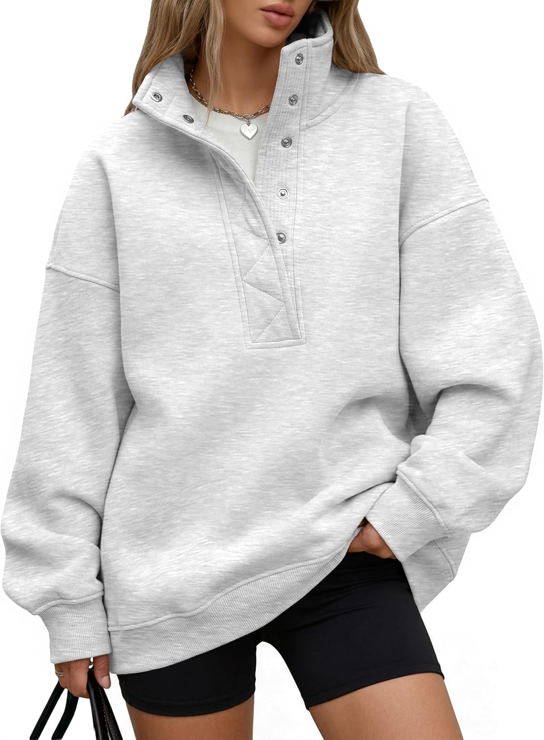 Trendy Queen Womens Oversized Sweatshirts with Snap Button Henley Collar | Soft Fleece Pullover with Pockets Tops Fall Winter Clothes 2026 Cute Fashion Outfits