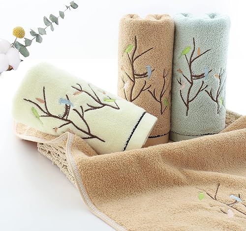Miniatura 3 de Pidada Juego de 4 toallas de mano bordadas con patrón de árbol de pájaros, 100% algodón, absorbentes, suaves, toallas decorativas para baño (marrón)
