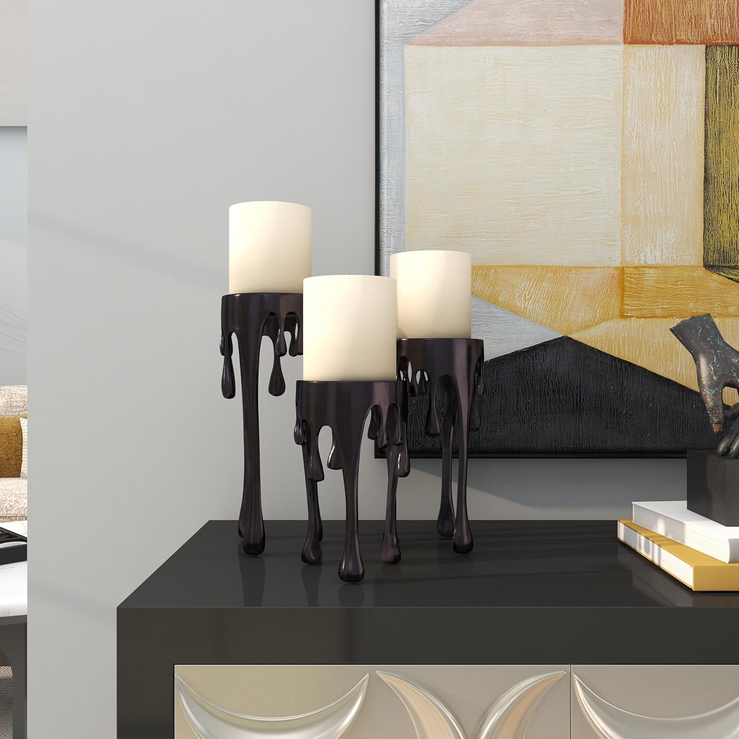 CosmoLiving by Cosmopolitan Aluminum Metal Decorative Candle Holder Pillar Candle Stand with Dripping Melting Designed Legs, Set of 3 Candlestick Holder 12", 10", 8"H, Black - Image 9