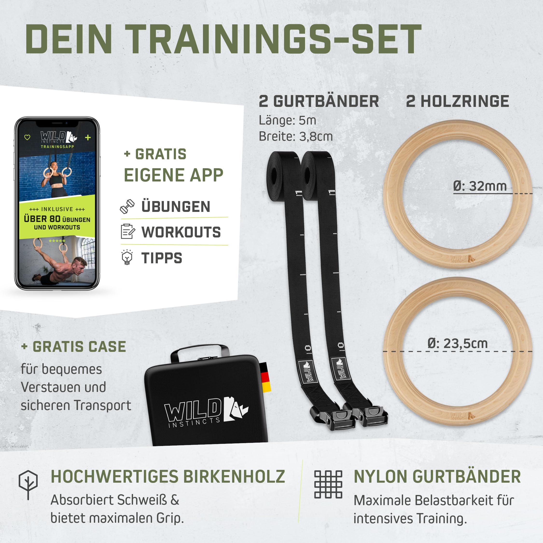 Wild Instincts Premium Turnringe Holz 32mm mit WebApp - Trainingsringe mit 5m Gurtbändern inkl. Case - Gymnastikringe zum Turnen - Calisthenics Ringe - Gymnastic Rings