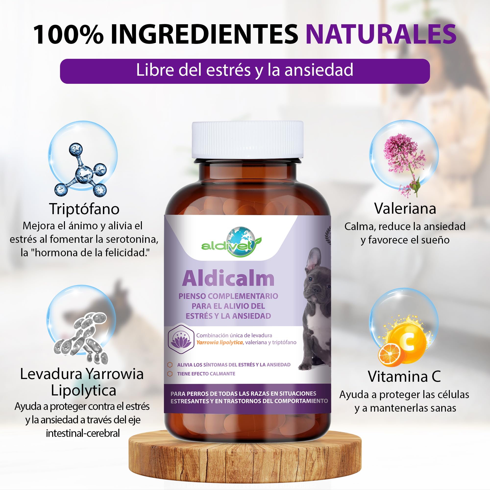 Aldivet Aldicalm Suplemento para Estrés y Ansiedad en Perros - Para Viajes, Visitas al Veterinario - Fuegos Artificiales - Serotonina Calmante Natural - Trastorno del Comportamiento en Perros 100 cáp
