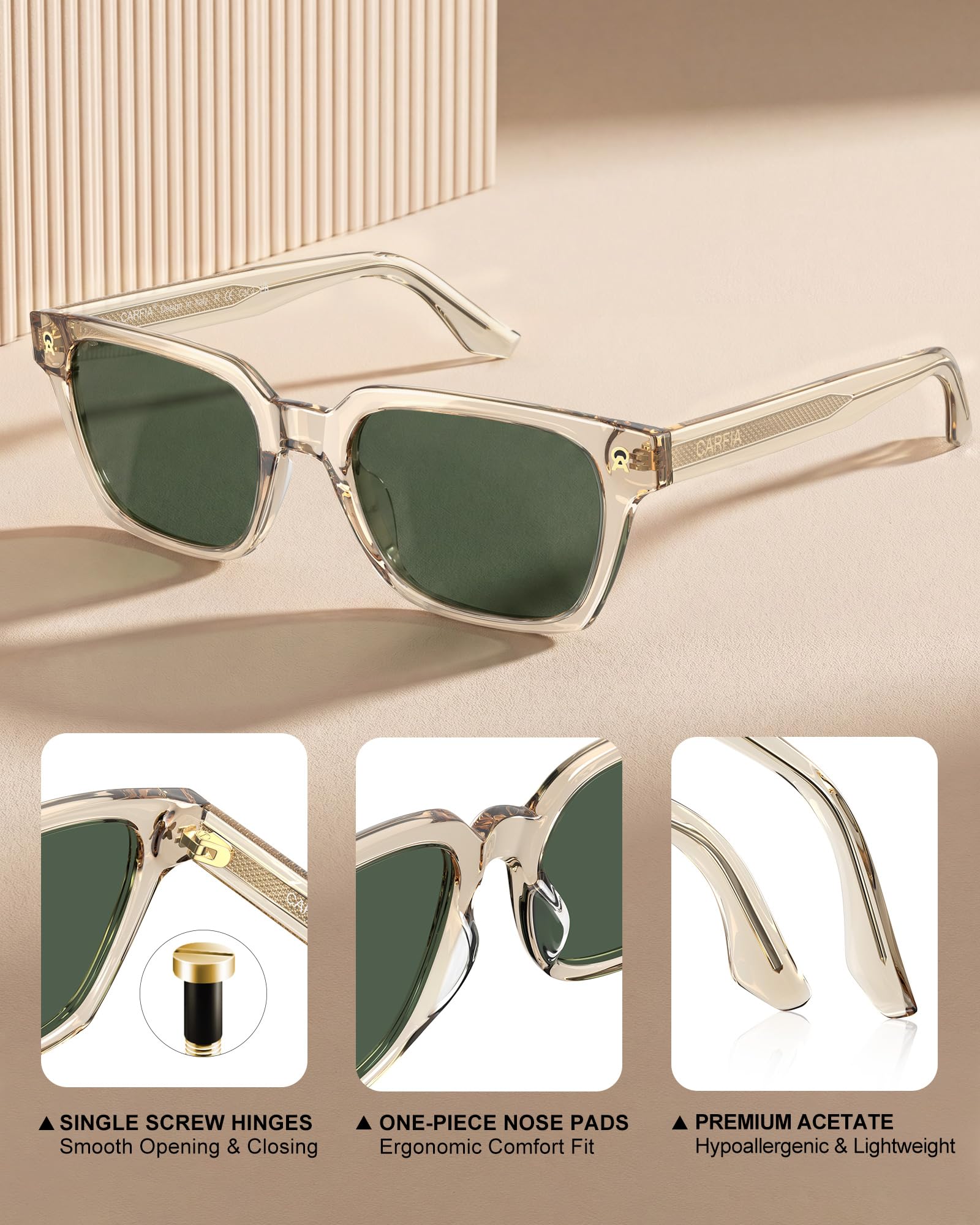 CARFIA Retro Herren Sonnenbrille Rechteckig Polarisiert UV-Schutz Acetat CA6232