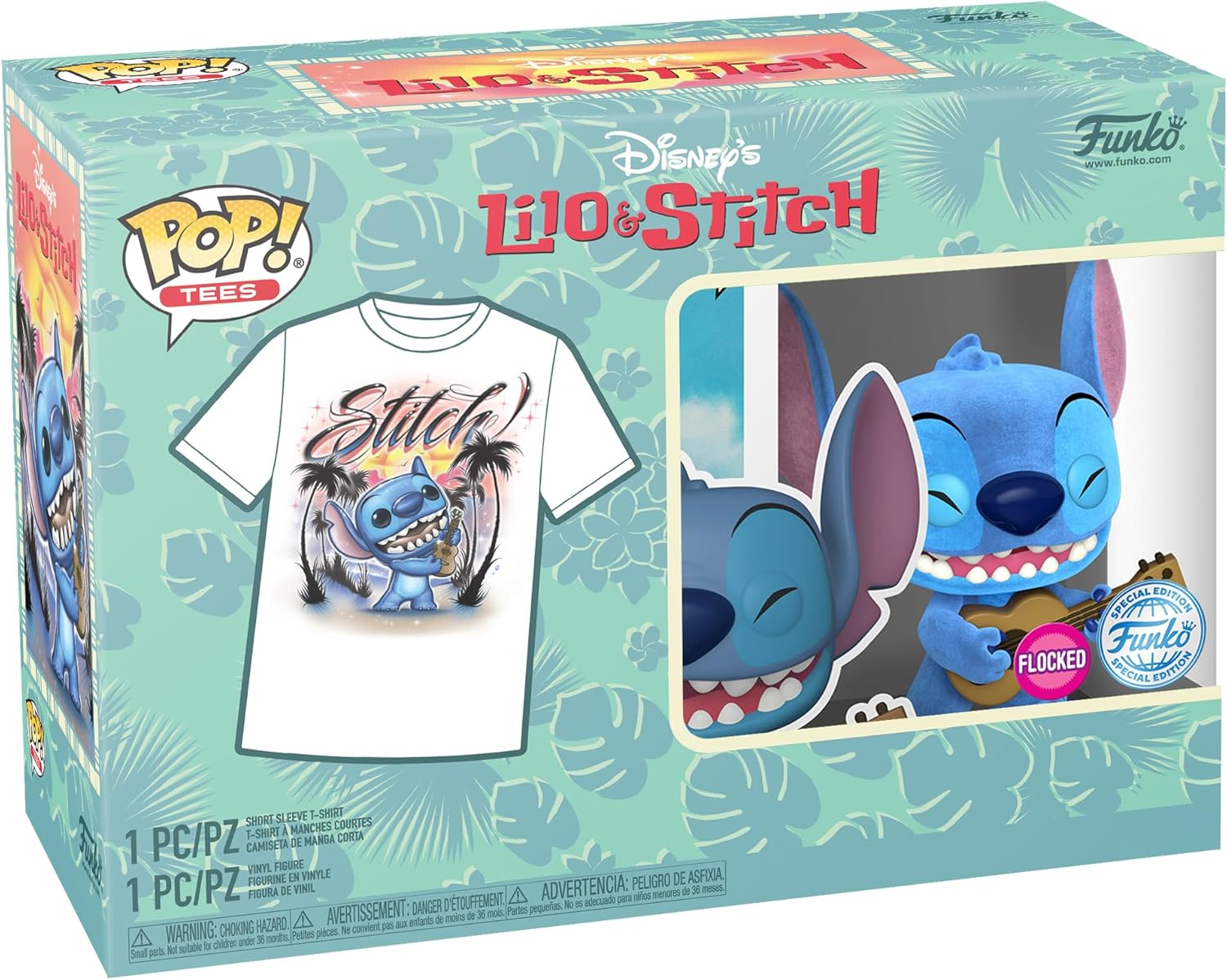 Funko Pop! &Tee: Lilo and Stitch - Ukelele Stitch (Flocked) - Extra Small - (XS) - T-Shirt - Clothes with Collectable Vinyl Minifigure - Gift Idea - Toys and Short Sleeve Top for Adults Unisex