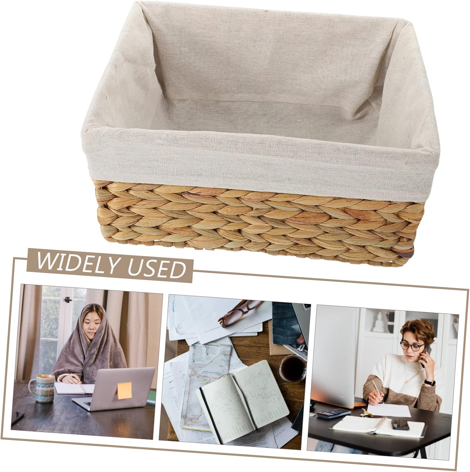 Xmas Rectangular Woven Storage Basket, Straw Fabric Decorative Organizer