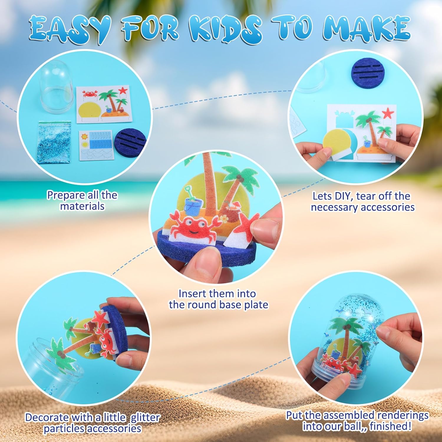 Lunmon 12 Set Summer Snow Globe Craft Kit for Kids Make Your Own Snowball Summer Bunny Umbrella Bee Glitter Plastic DIY Snow Globe Making Kit for Home Activities