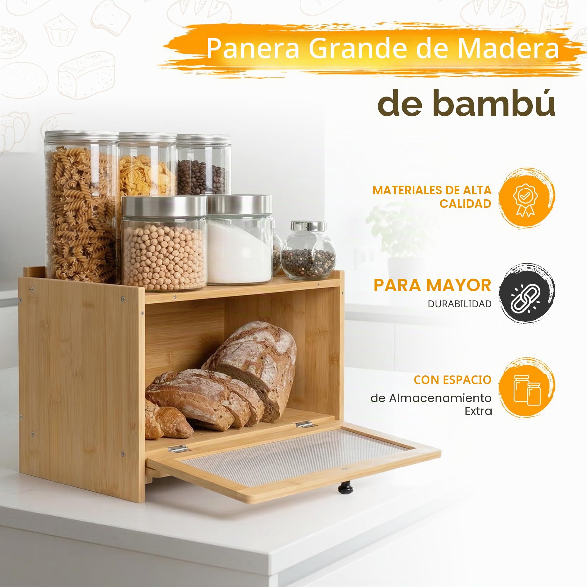 AH® Panera de Bambú Con Tabla de Cortar, Ventilación y Elegante Diseño Para Guardar el Pan - 40 x 26 x 23 cm | Panera moderna de bambú, cesta de pan de madera, caja de almacenamiento de pan con ventana, con ventilación