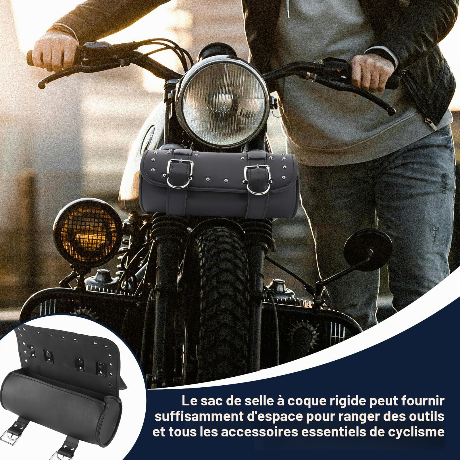 13x31cm/5.1x12,2 Pouces Sac de Fourche de Moto, Cuir PU Sac à Outils Universel pour Moto Sacoche de Moto Sac à Bagages en Rouleau pour Moto Pochette à Outils étanche pour Moteur (Noir)