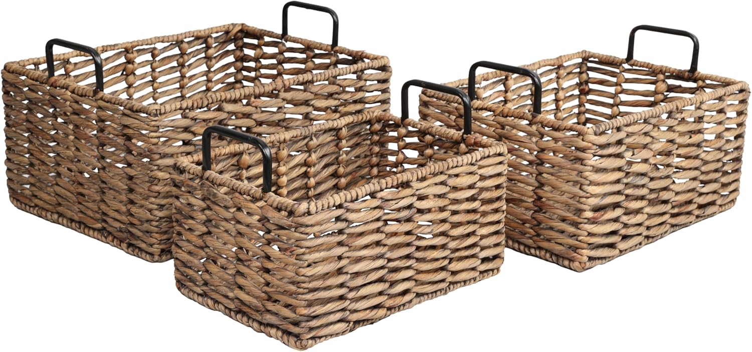 happimess BSK2019B-3SET Savoy Coastal Farmhouse Handwoven Water Hyacinth Nesting Storage Baskets with Metal Handles, Seagrass Containers for Decoration in Living Room, Bedroom, Brown (Set of 3)