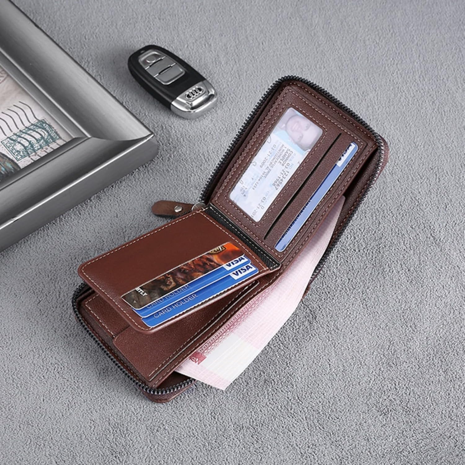 Mens wallet Leather wallet men Wallet Zipper RFID Bifold Wallet for Men ID card Window Credit Card Coin Photo Multifunction Card Slots Gift for Him,Black