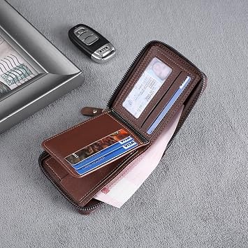 محفظة رجالي محفظة جلدية للرجال محفظة سستة RFID محفظة Bifold للرجال بطاقة الهوية نافذة بطاقة الائتمان عملة الصورة فتحات بطاقة متعددة الوظائف هدية له، أسود