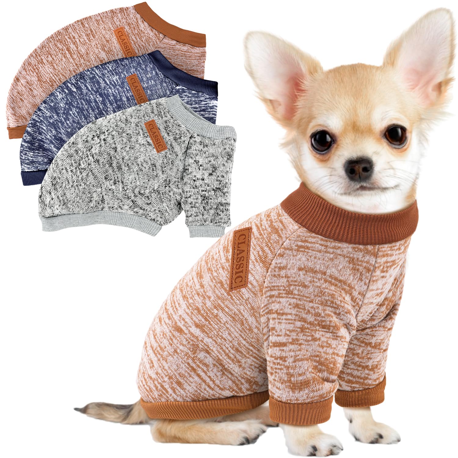 Photo 1 of 3 Pack Dog Sweaters for Small Dogs Girl Boy Winter Fleece Clothes Warm Soft Dog Sweatshirt Outfit for Dogs Cats Pet Apparel
