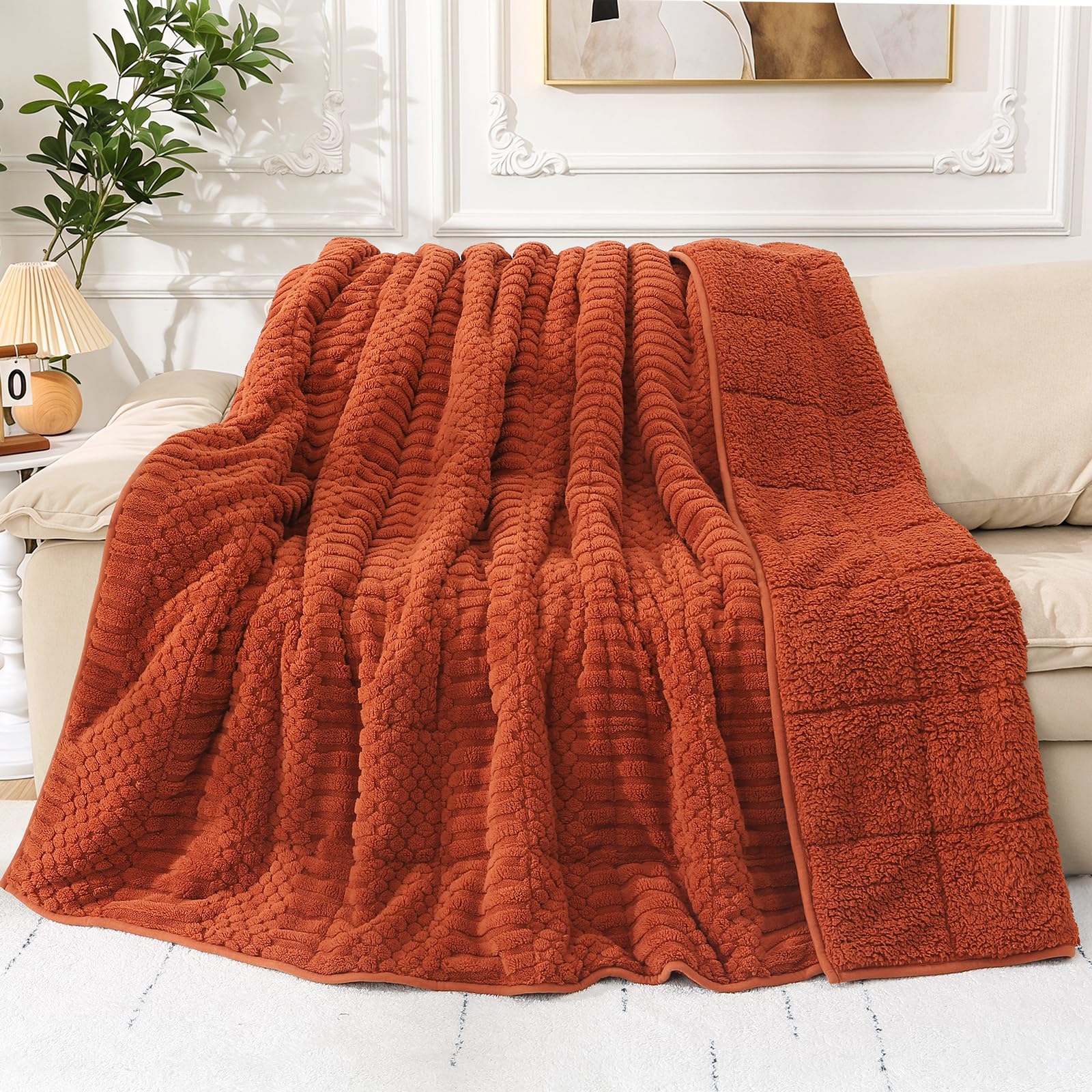 Cottonblue Sherpa Fleece Weighted Blanket 15 lbs for Adults Twin Full Size | Soft Fuzzy Jacquard Heavy Blankets Throw 48"x72" for Sleep Calm Relax, Cozy Warm Knitted Heavy Blanket for Bed Sofa, Orange