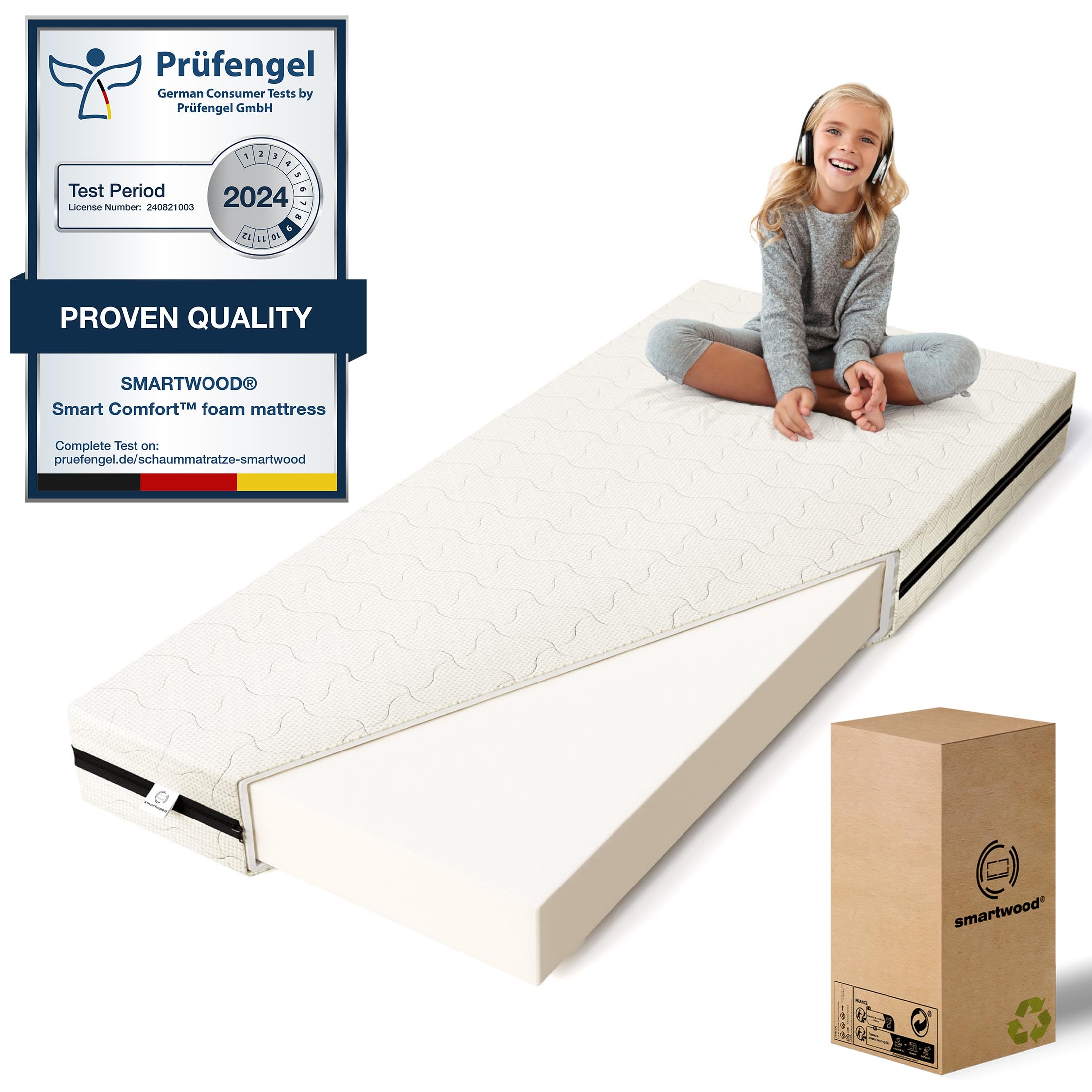 smartwood Materasso 120x200 Bambini 14cm - Schiuma H2 Certificato Oeko-TEX – Reversibile – Rivestimento Lavabile Anti-allergico e Traspirante | Made in EU