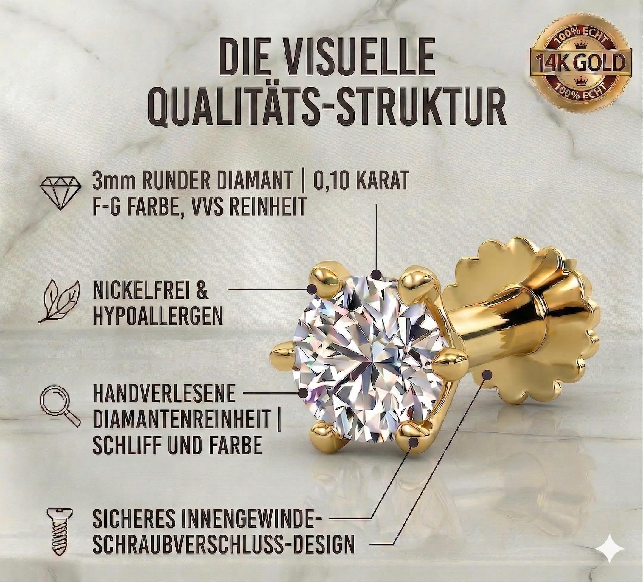 elitebox 585 Gold Nasenstecker Stud mit Diamant für Nasen- und Lippenpiercing, Labret-Stift Körper-Schmuck Ohr Tragus Helix Piercing Schmuck Hypoallergen Frauen Männer 14 Karat 6 Zacken 3mm (0.10 ct)
