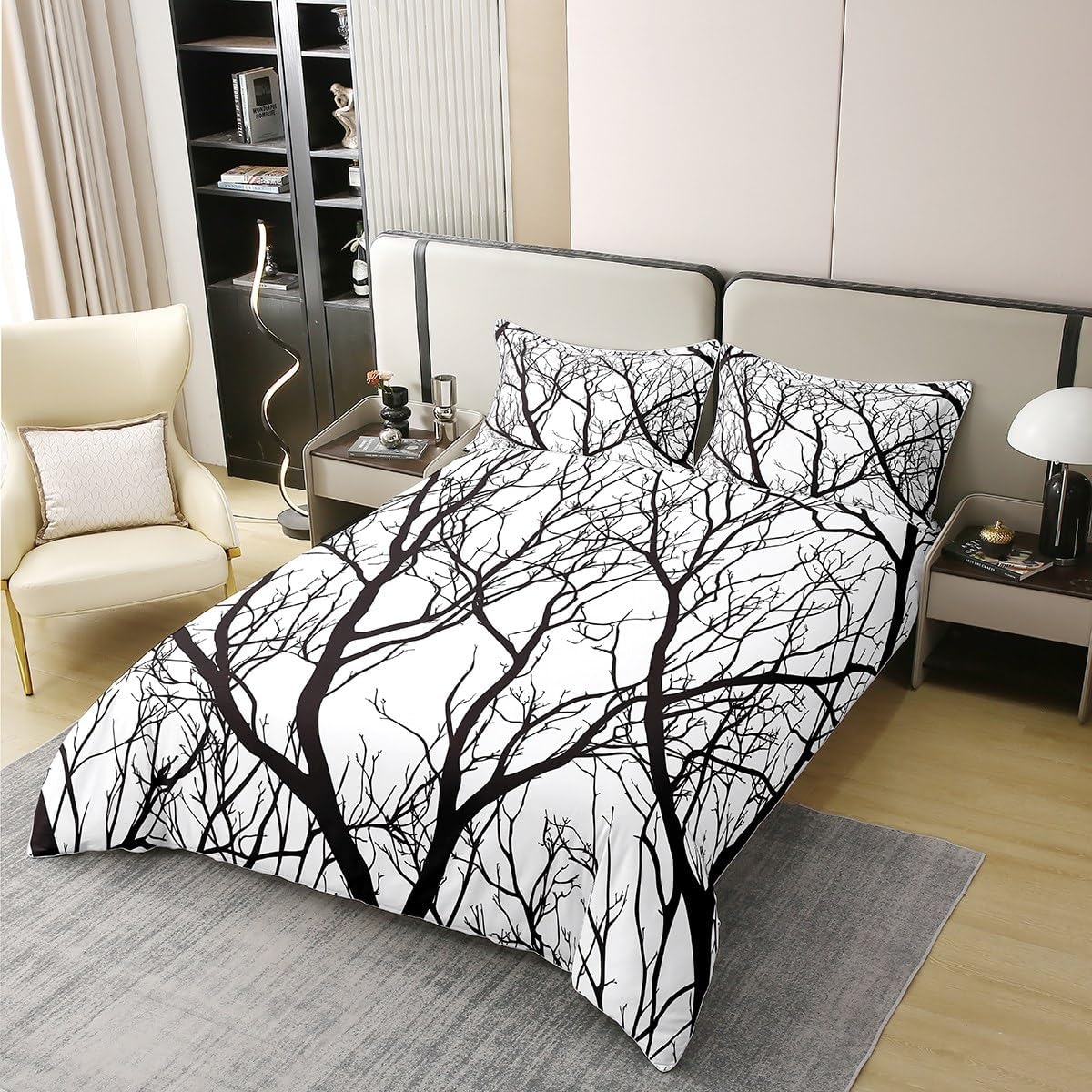 Manfei Queen Size 100% Cotton Tree Branch Duvet Cover Rustic Style Plant Bedding Set Boys Girls Trees Abstract Soft Comforter Cover Kids Bedroom Decor,No Comforter,Gray White Black