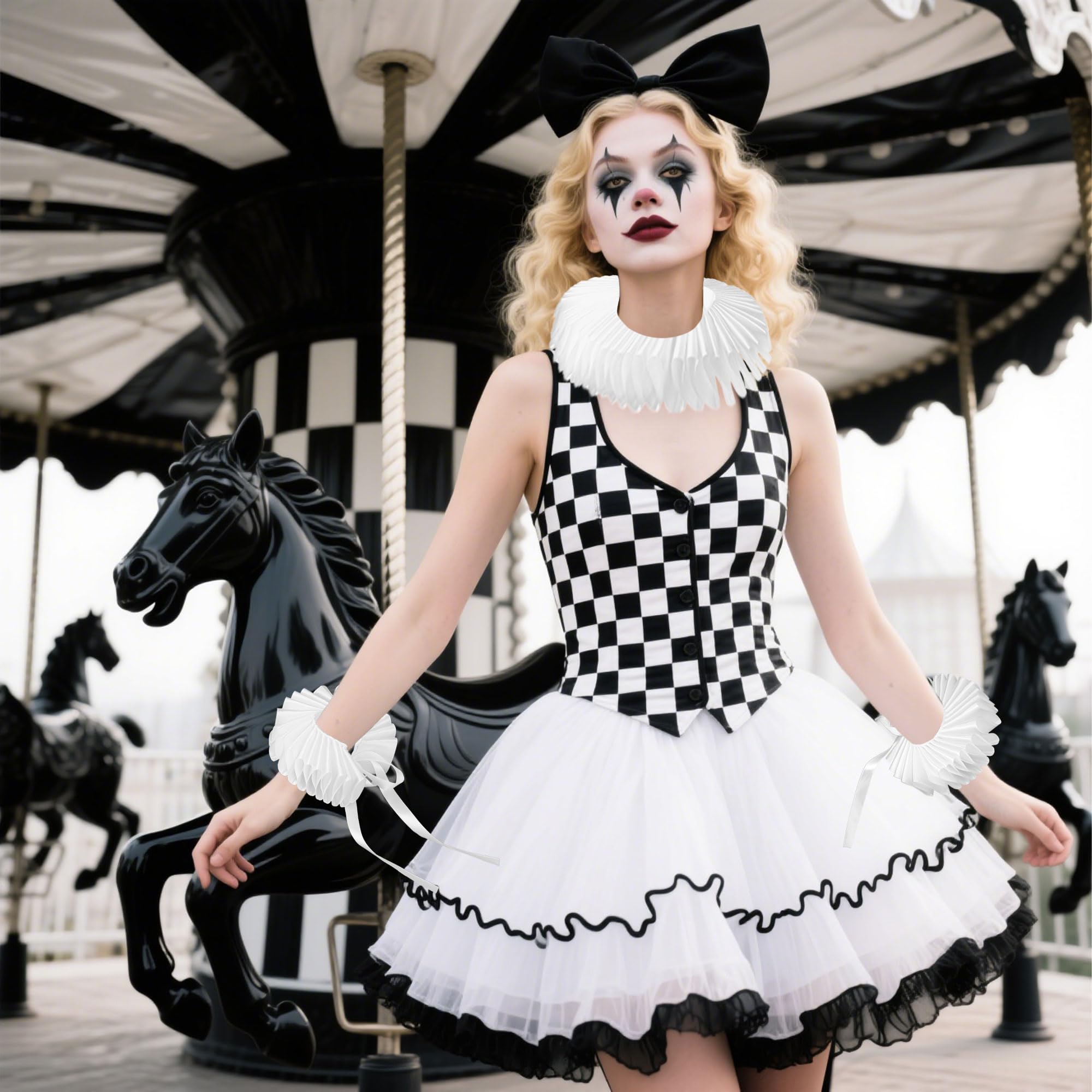 LaVenty Elizabethan Dickens Ruff Neck Clown Collar Elizabeth Wrist Ruffs Ruffle Cuff Arm Bands(white), Silver - Image 3